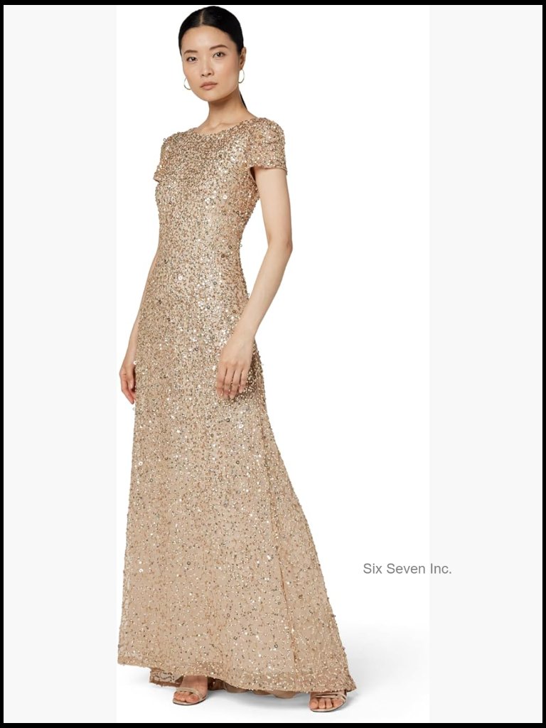 Short-Sleeve All Over Sequin Gown Formal Evening Dress
